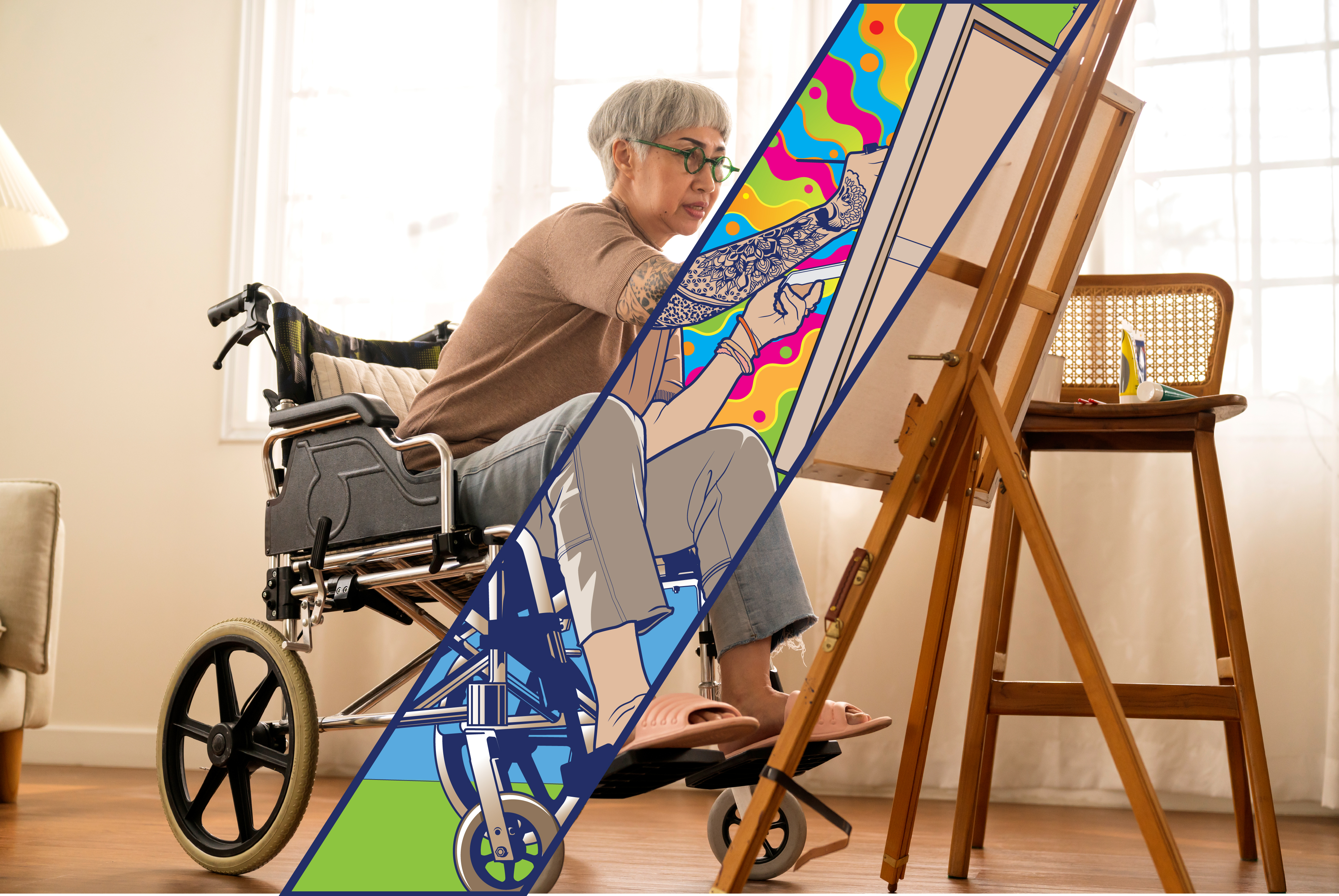 older woman in wheelchair painting